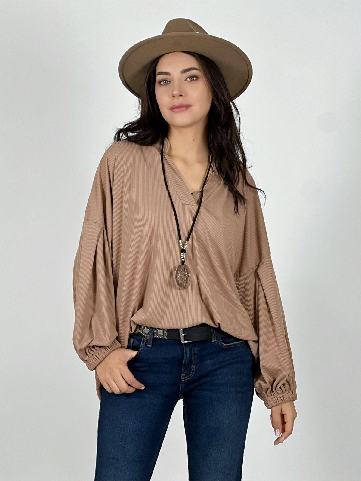 Blusa Cuello V Mangas Globo