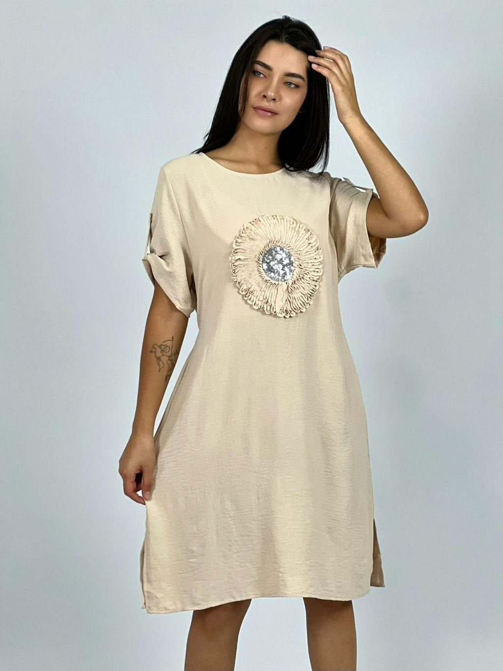 Vestido Crepe Holgado Circulo con Brillo