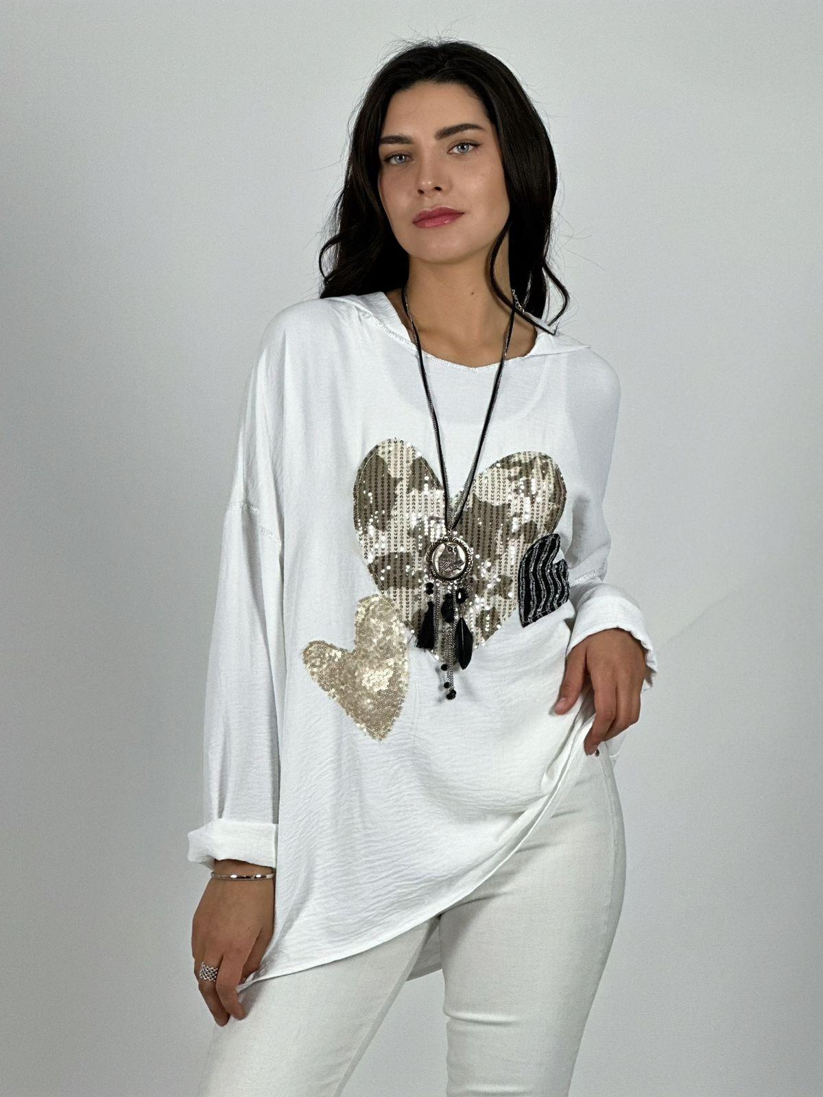 Polera Crepé Triple Corazon Lentejuelas