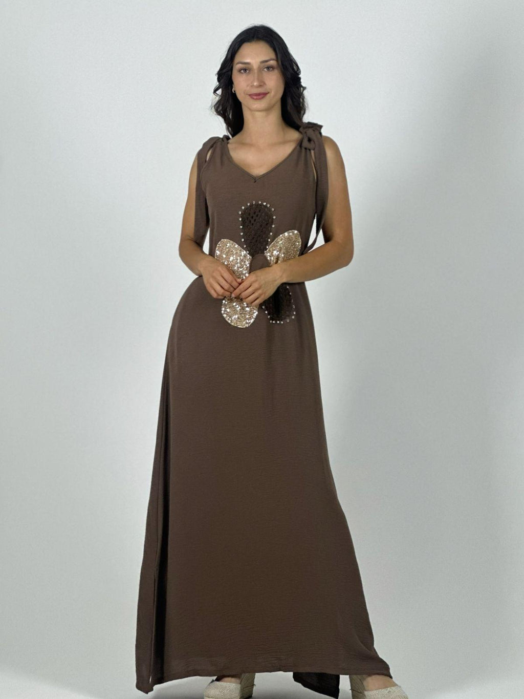 Vestido Lino Flor Brillos