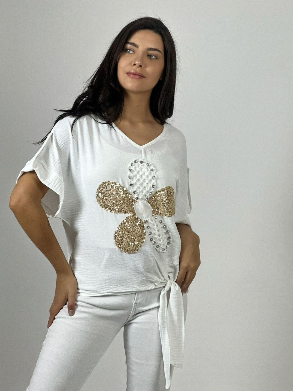Polera Crepé Flor y Dorso Tejido