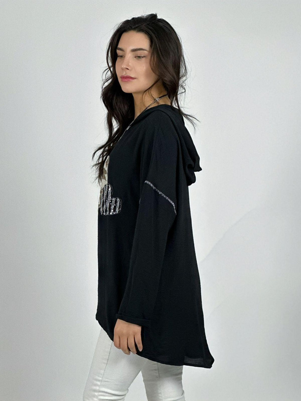 Polera Crepé Triple Corazon Lentejuelas