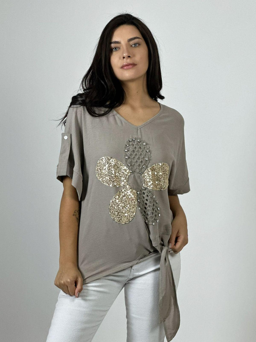 Polera Crepé Flor y Dorso Tejido