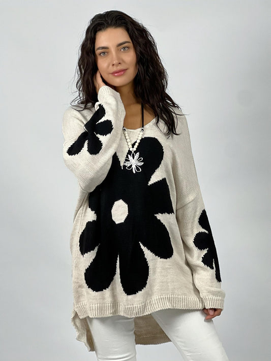 Sweater Tejido Lana Oversize con Flor