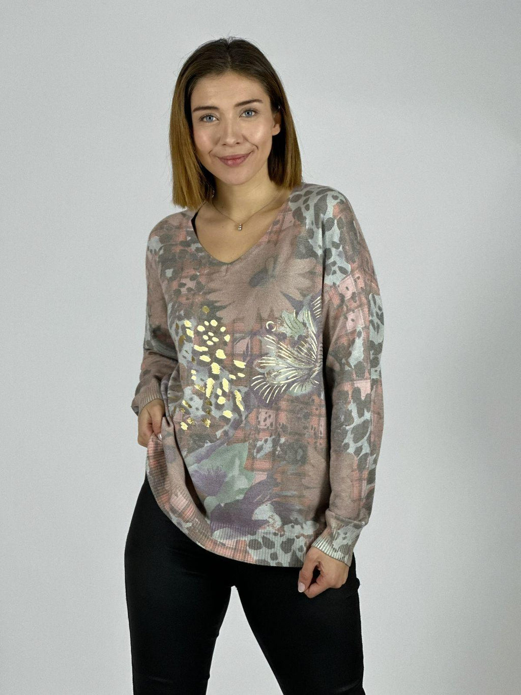 Sweater Cuello V Flores y Print
