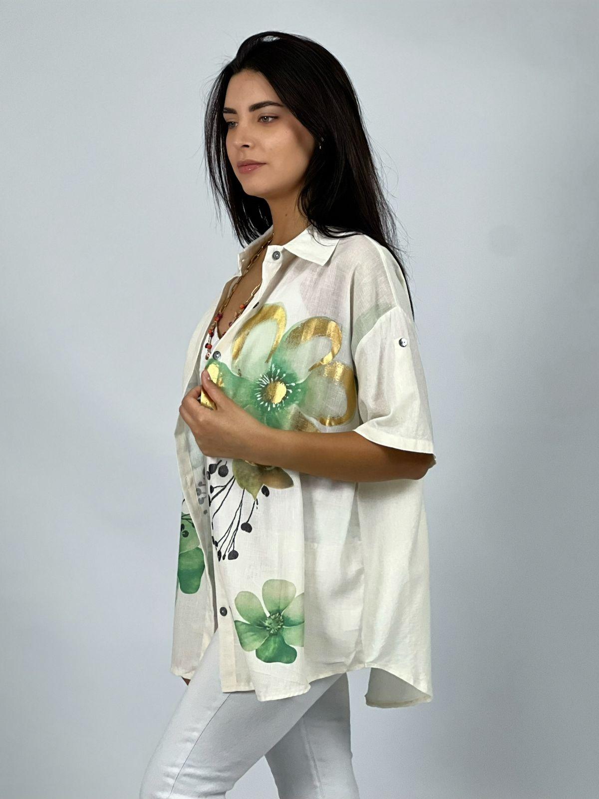 Blusa Lino con Flores Bordes Brillantes