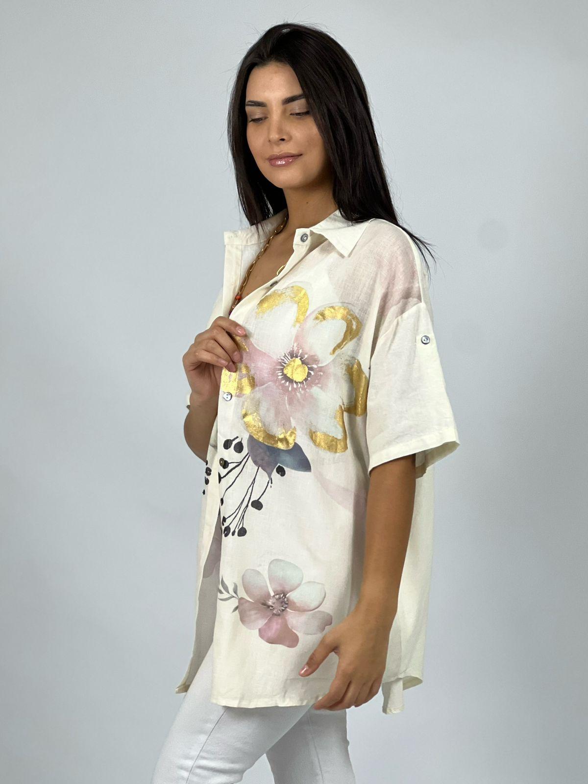 Blusa Lino con Flores Bordes Brillantes