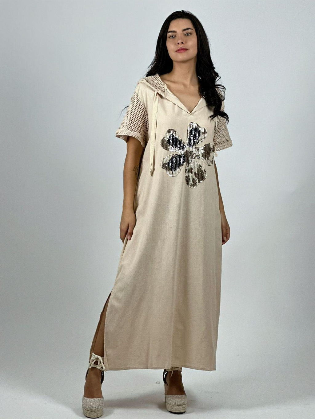 Vestido Largo Crepé Flor Brillos