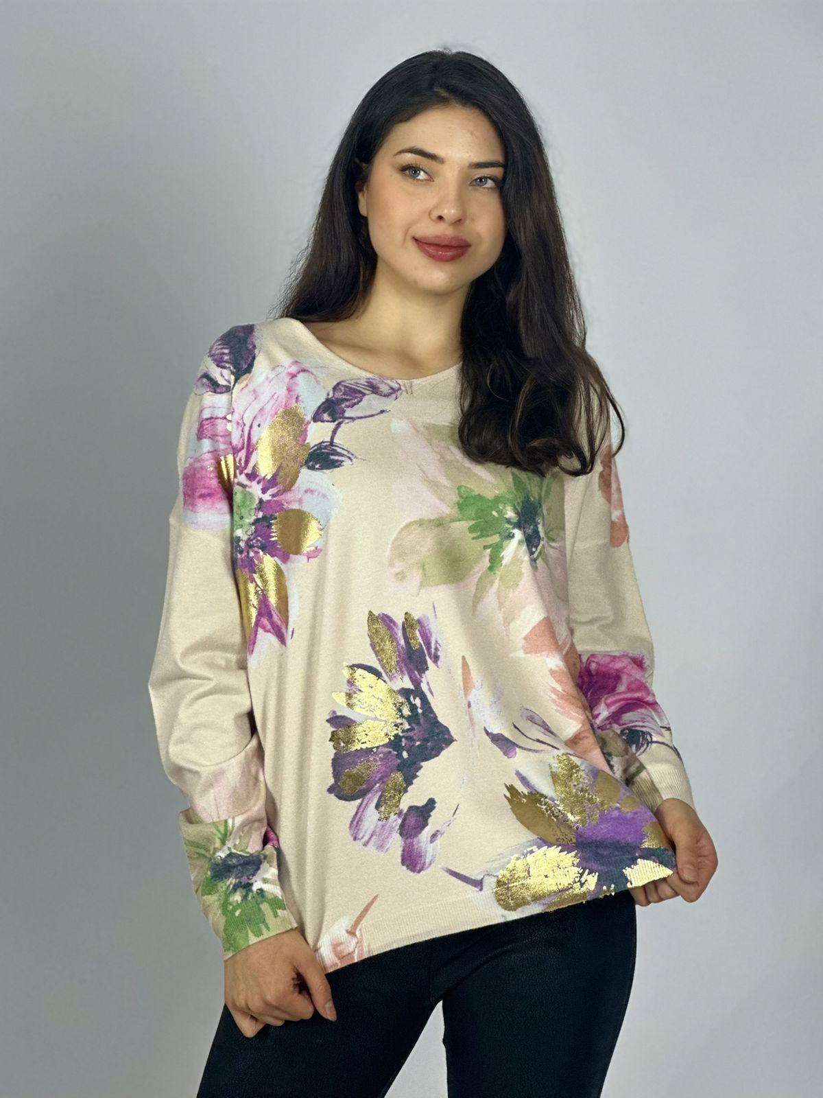 Sweater Spandex Estampado Floral con Brillo