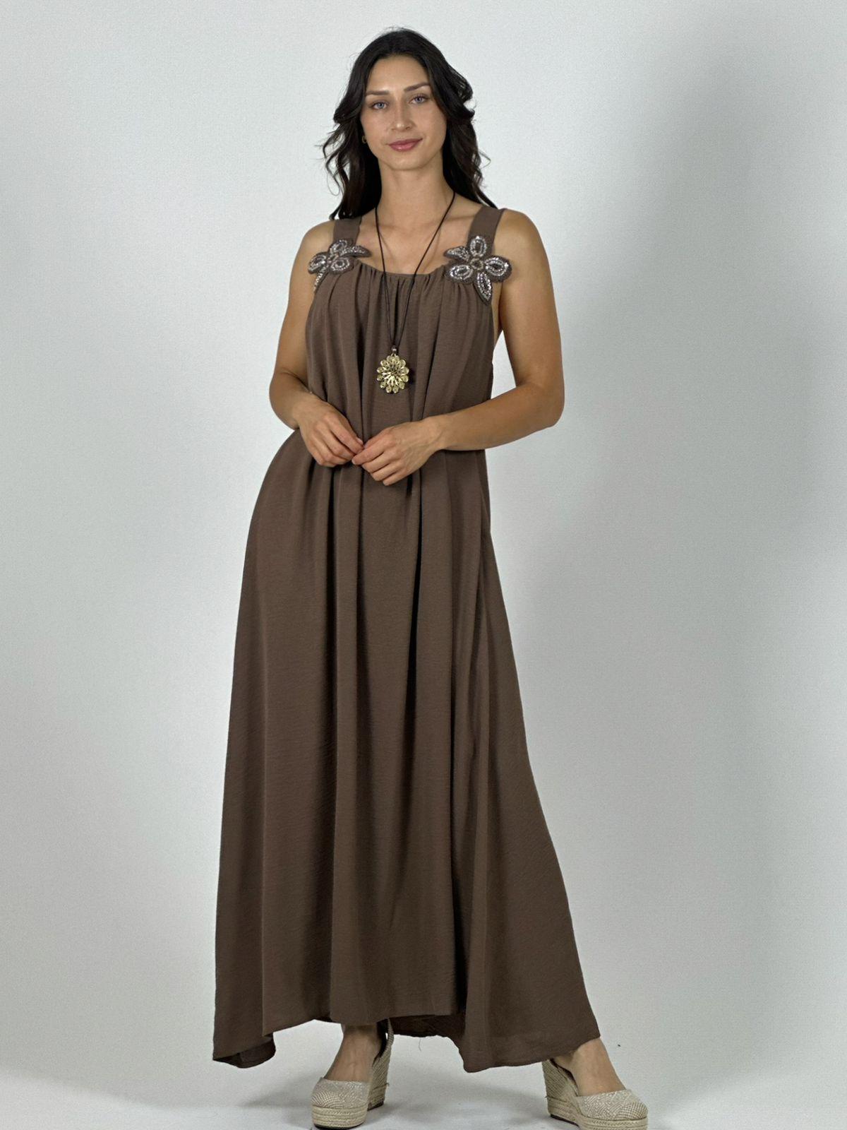 Vestido Crepé Tirantes Con Flores Brillantes