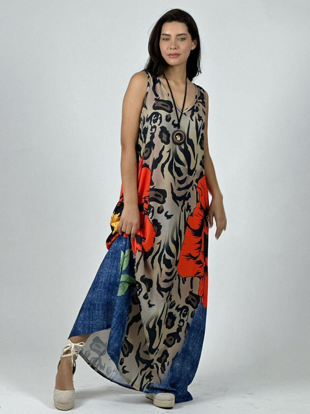 Vestido Crepé Animal Print con Flor