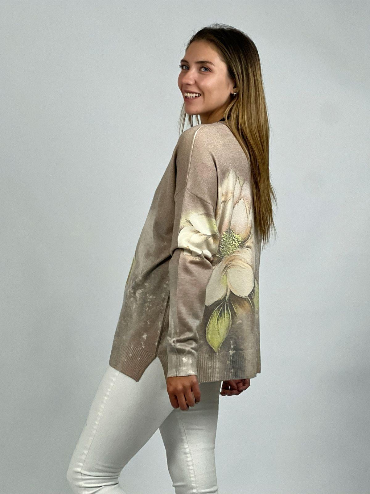 Sweater Spandex Estampado Flor con Brillo