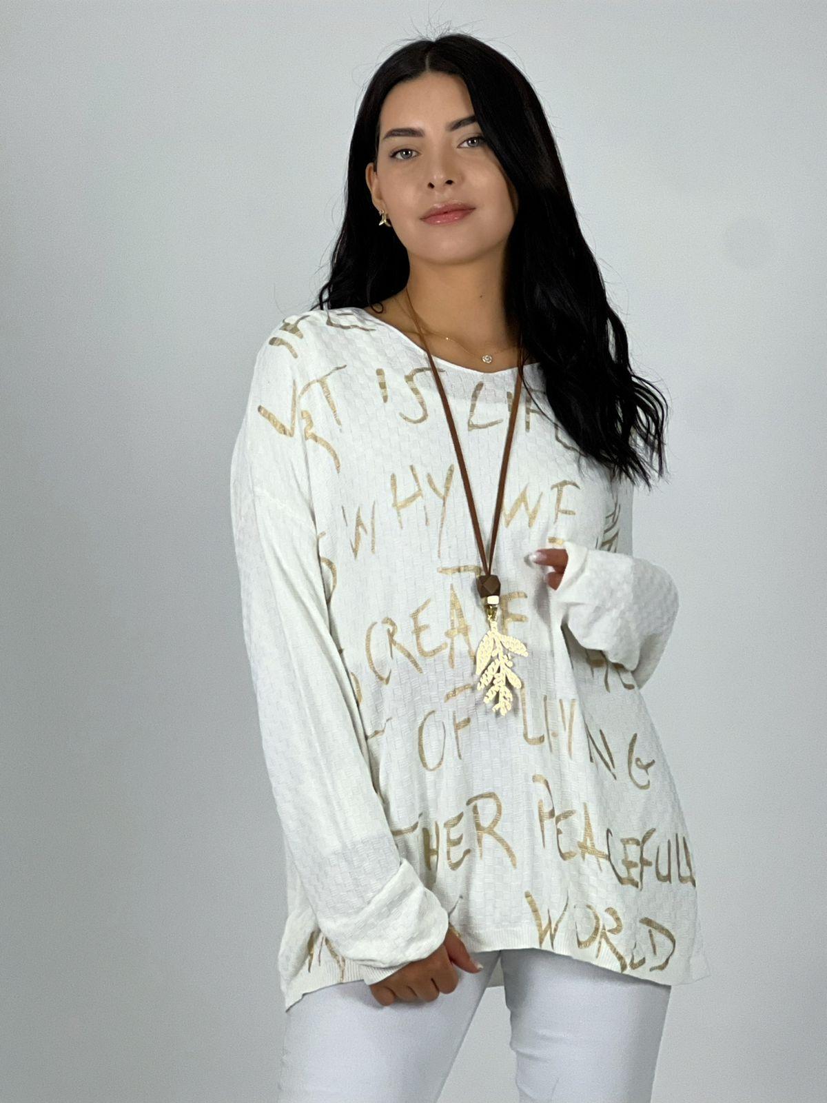 Sweater Spandex Letras Doradas Cuello V