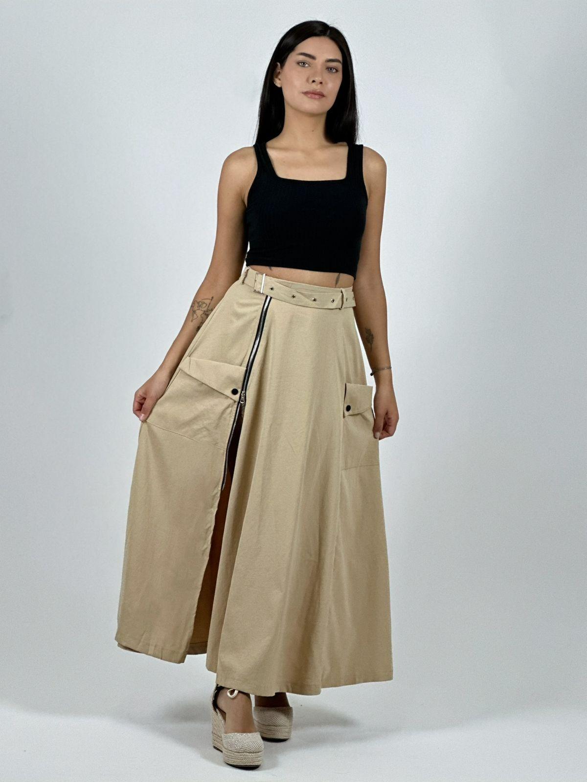 Falda Larga Con Cinturón y Cierre Abertura