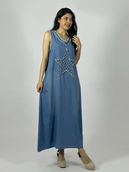 Vestido Mezclilla Sin Mangas Estrella Perlada