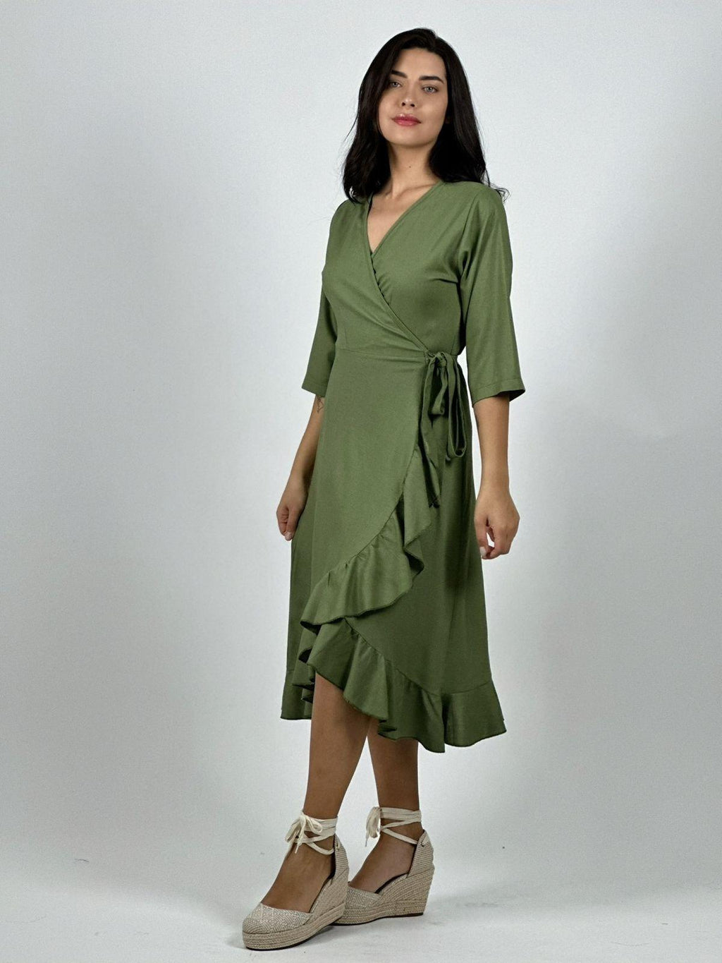Vestido Lino Amarre Cruzado Con Vuelos