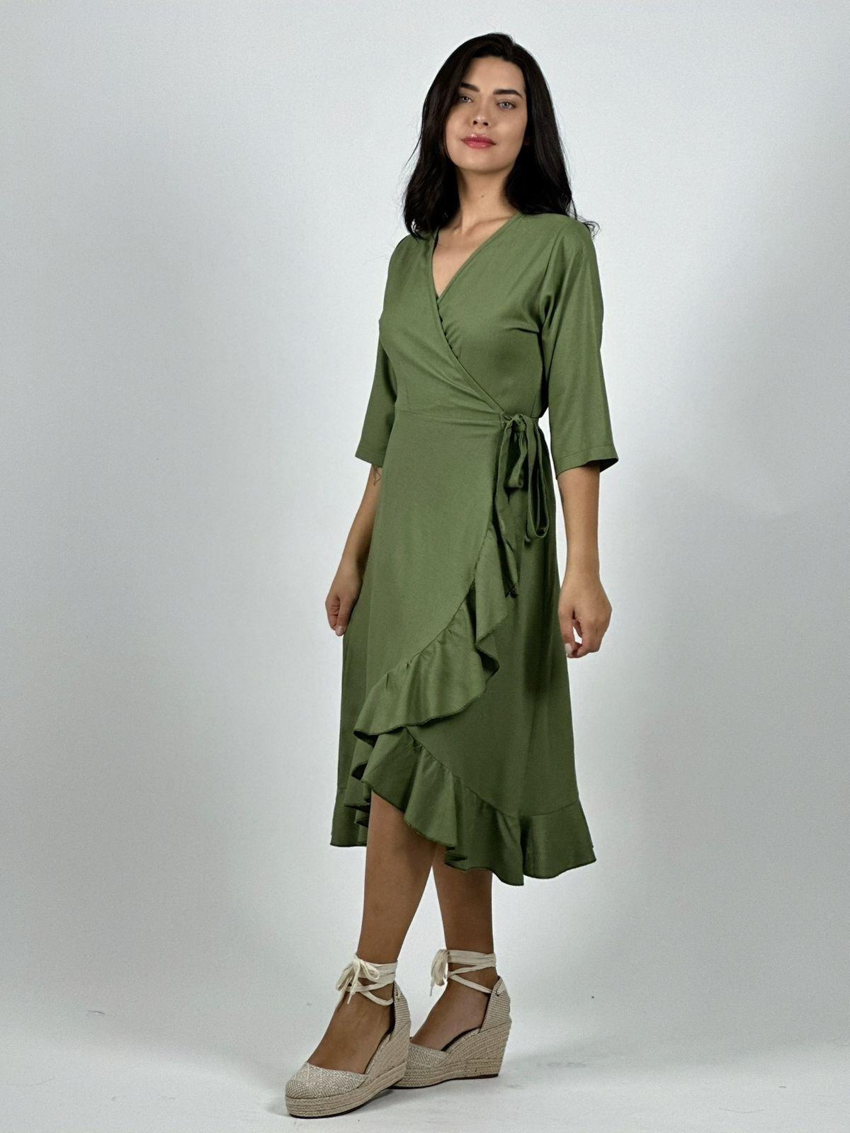 Vestido Lino Amarre Cruzado Con Vuelos