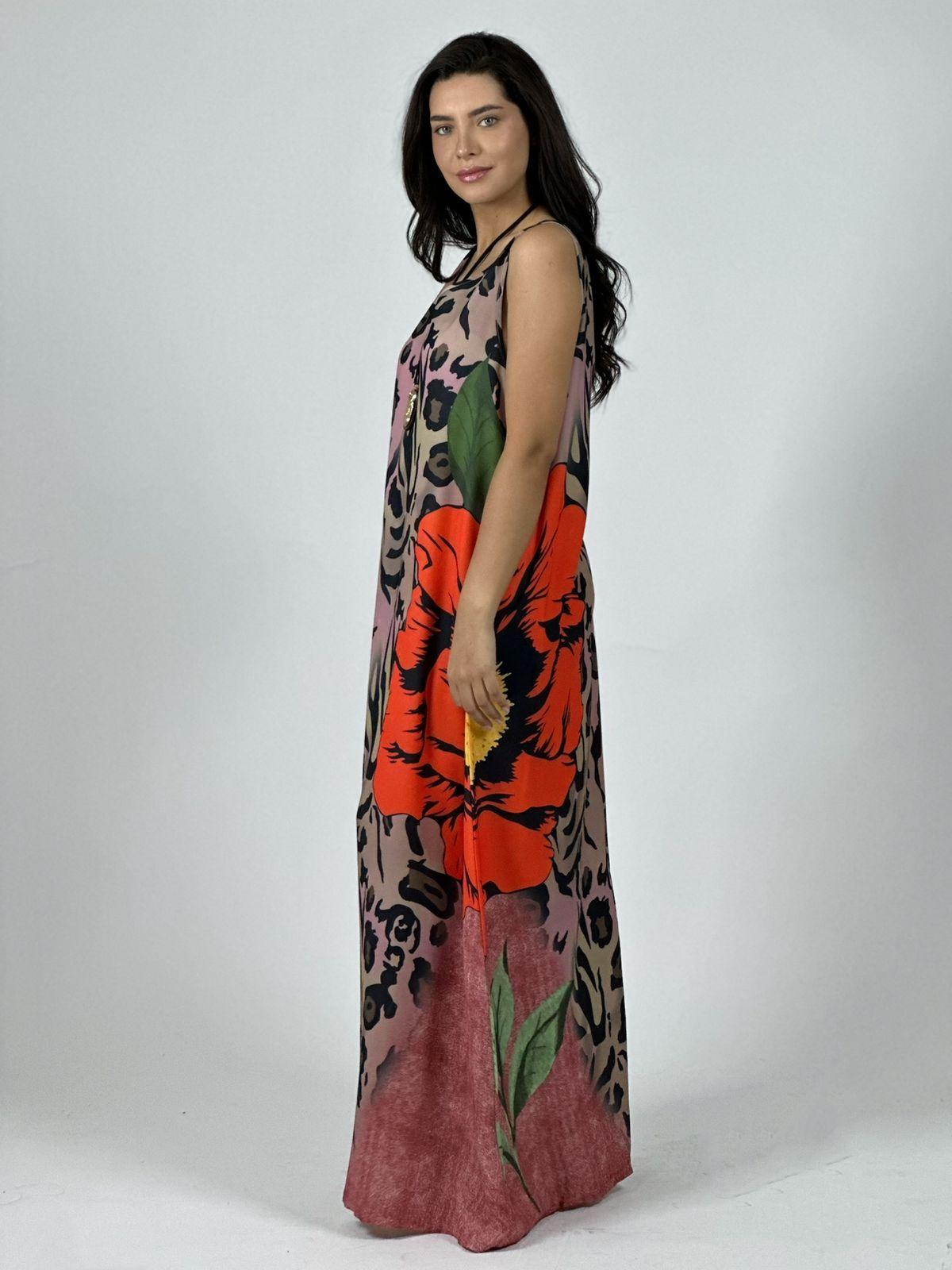 Vestido Crepé Animal Print con Flor