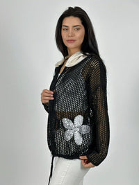 Polerón Hilo con Cierre Flores Brillantes