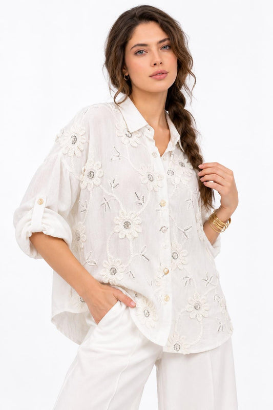 Blusa Lino Flores Bordadas con Lentejuelas