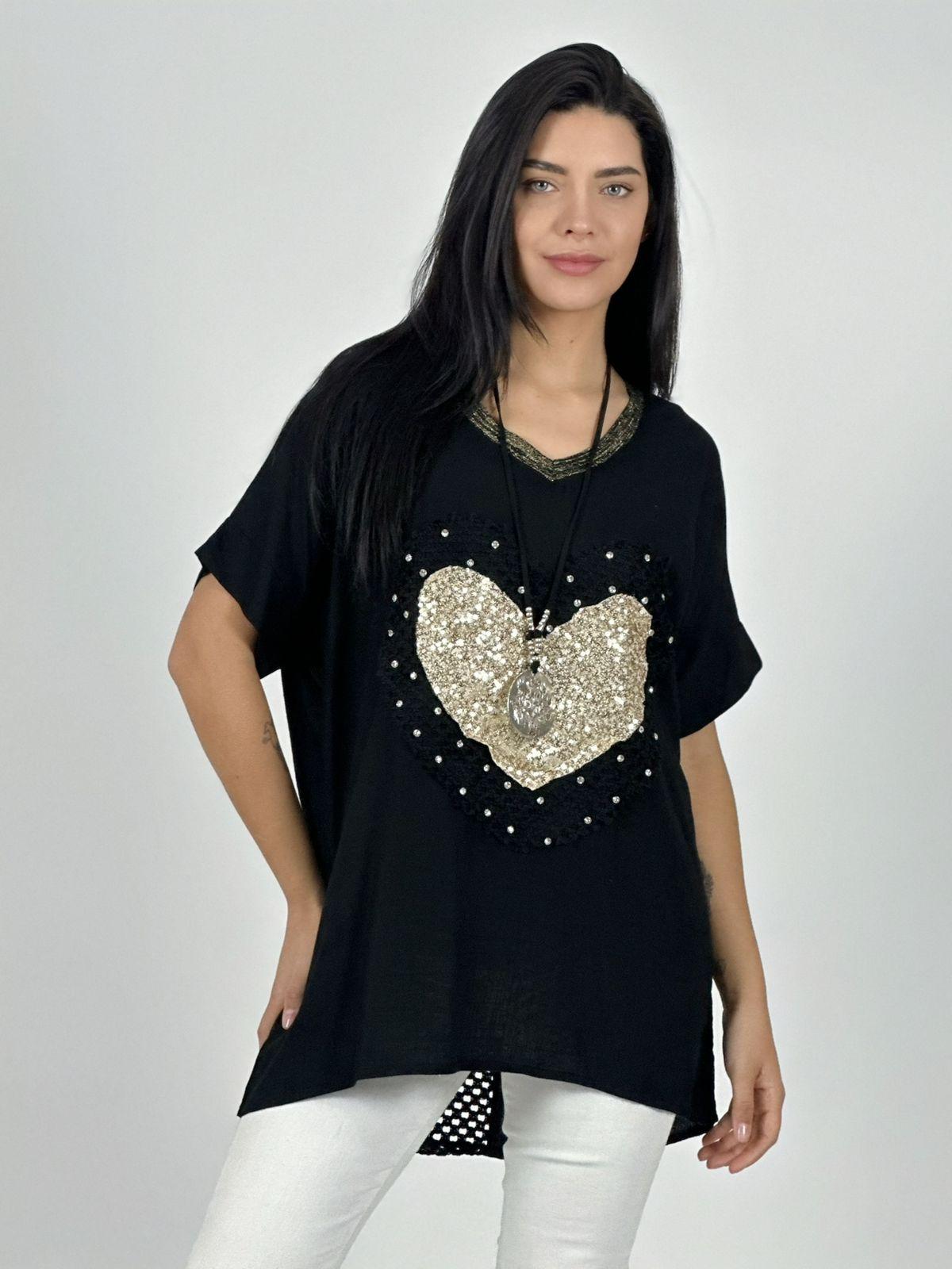 Polera Lino Corazón Brillos y Broderi