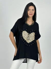 Polera Lino Corazón Brillos y Broderi