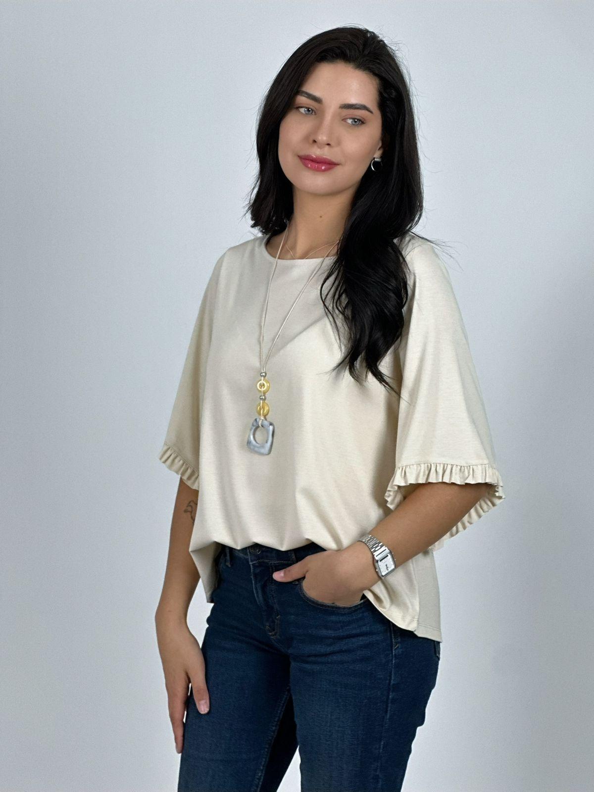 Blusa Viscosa Mangas Farolaos con Collar