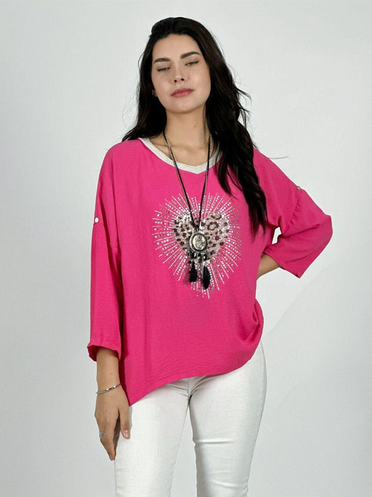 Polera Lino Corazon Print Con Brillos