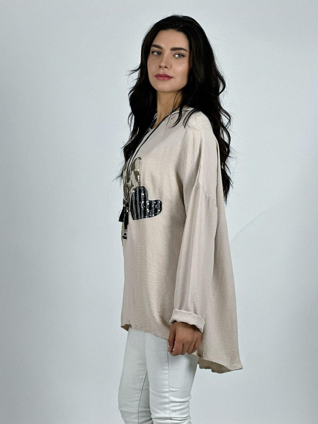 Polera Crepé Triple Corazon Lentejuelas