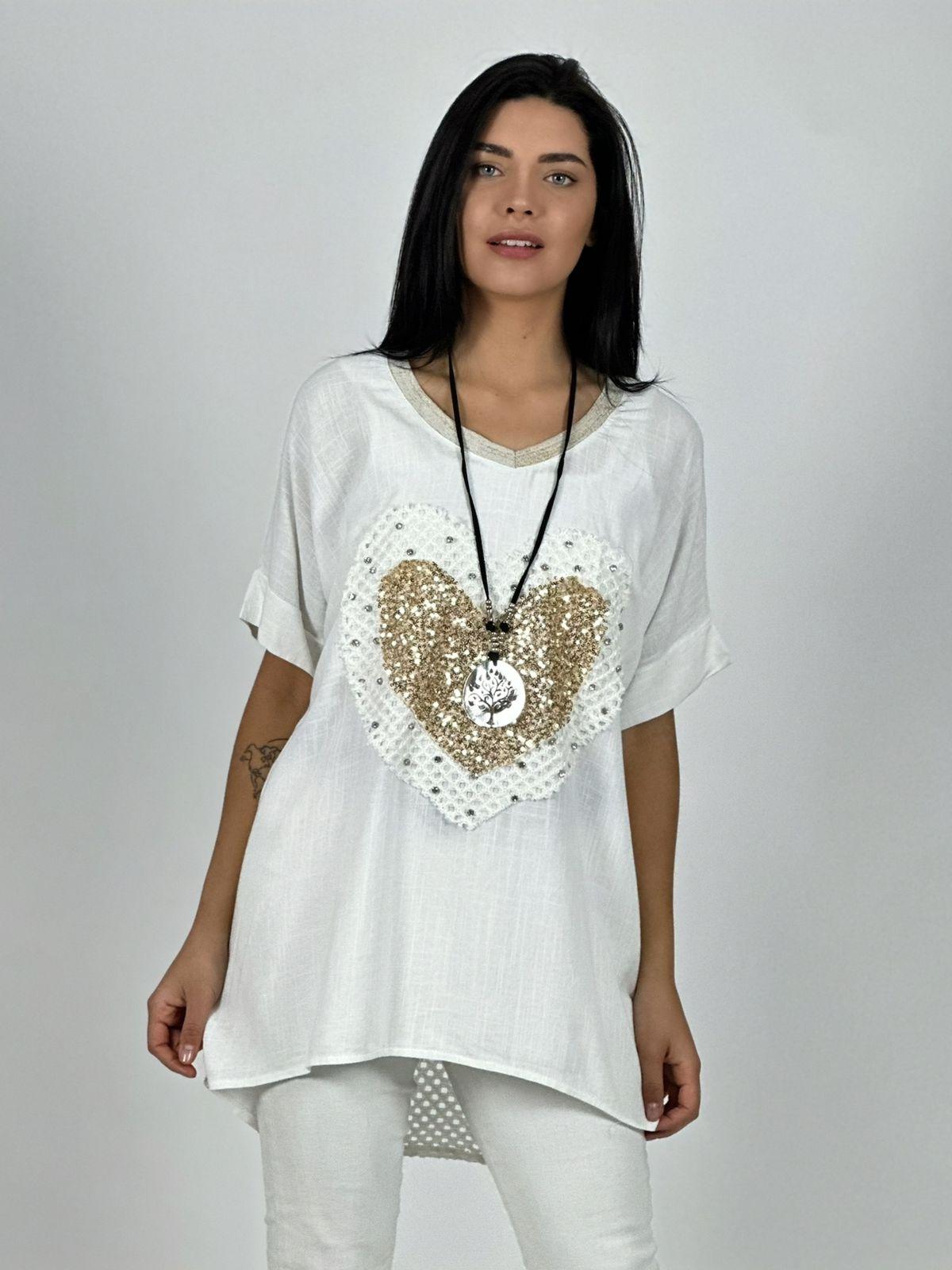 Polera Lino Corazón Brillos y Broderi