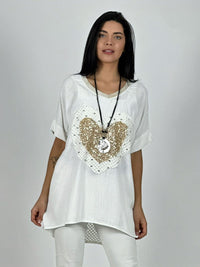 Polera Lino Corazón Brillos y Broderi