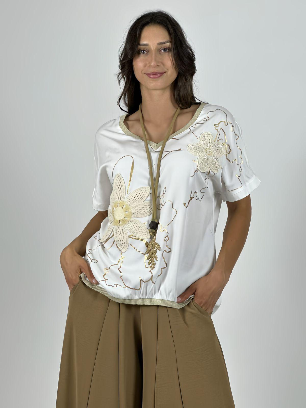 Polera Lino Flor Tejida Lineas Doradas