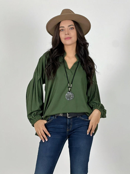 Blusa Cuello V Mangas Globo