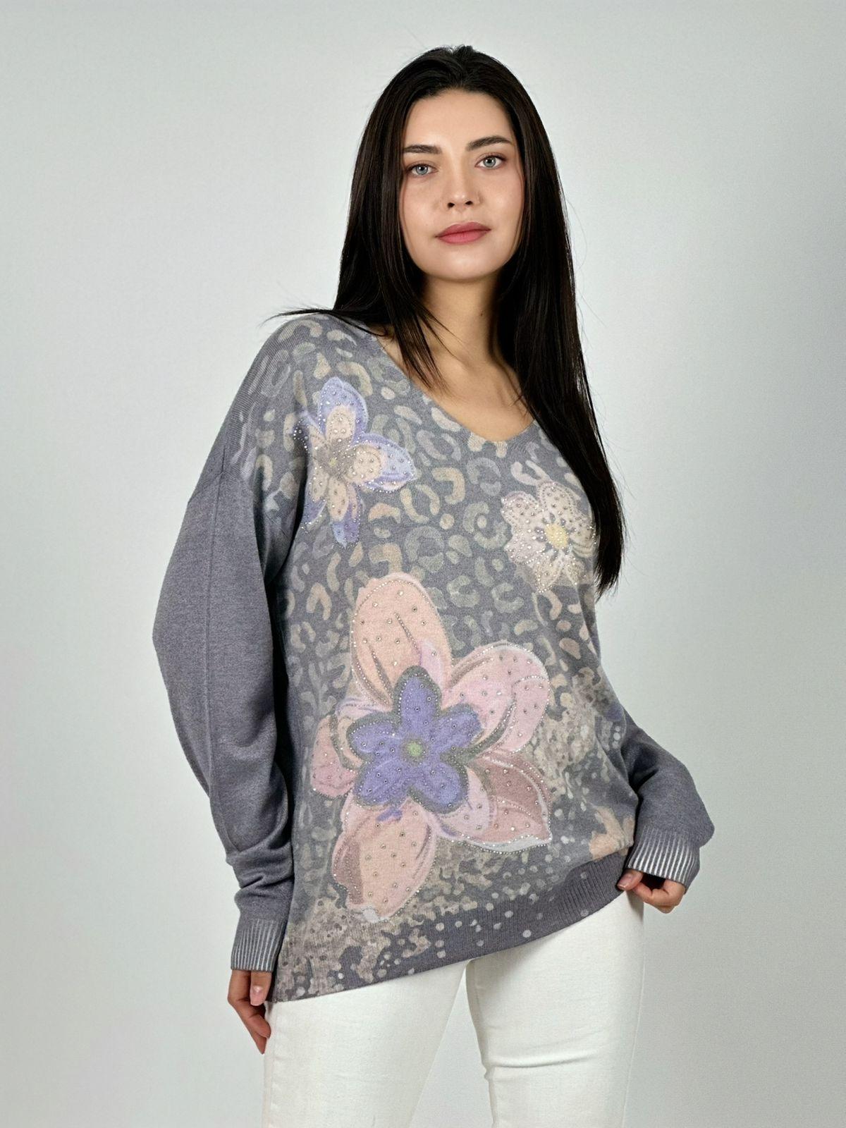 Sweater Spandex Print Con Flores y Brillos