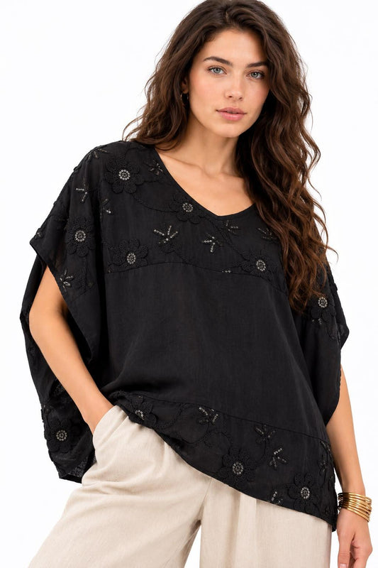 Polera Lino Flores Bordadas