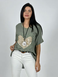 Polera Lino Corazón Brillos y Broderi