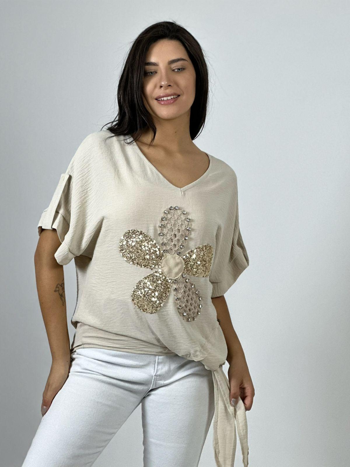 Polera Crepé Flor y Dorso Tejido