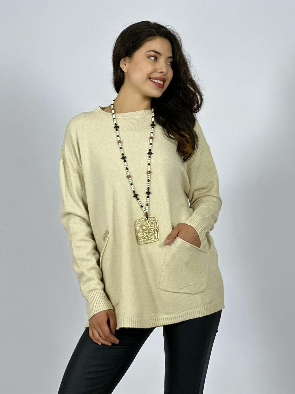 Sweater Spandex Bolsillos Holgado con Botones