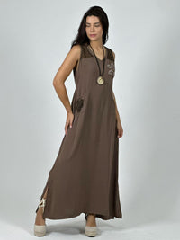 Vestido Crepé Hombros Tejidos y Flor