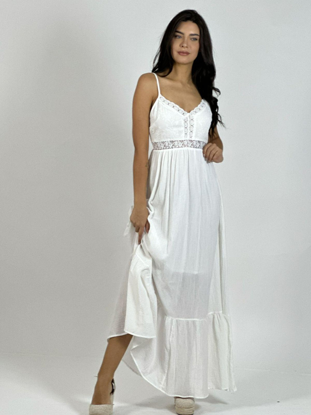 Vestido Crepé Torso Encaje