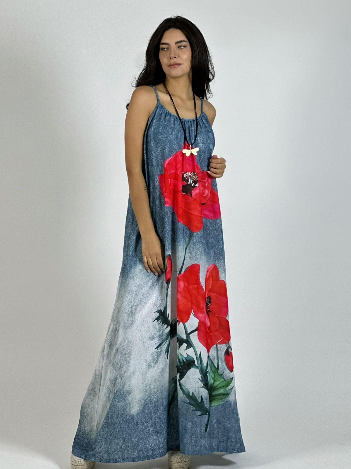 Vestido Mezclilla Delgada Con Flores Cayena