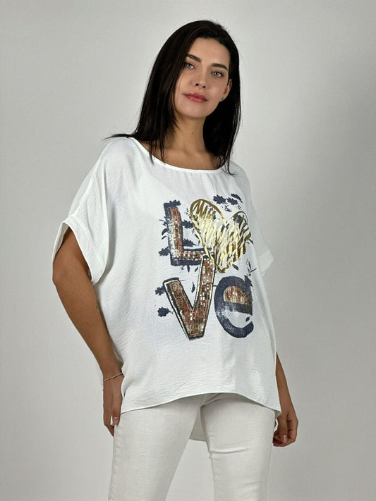 Polera Algodón Love Corazón Brillante