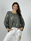 Sweater Tejido Italiano Flores Brillos y Letras
