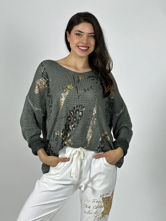 Sweater Tejido Italiano Flores Brillos y Letras