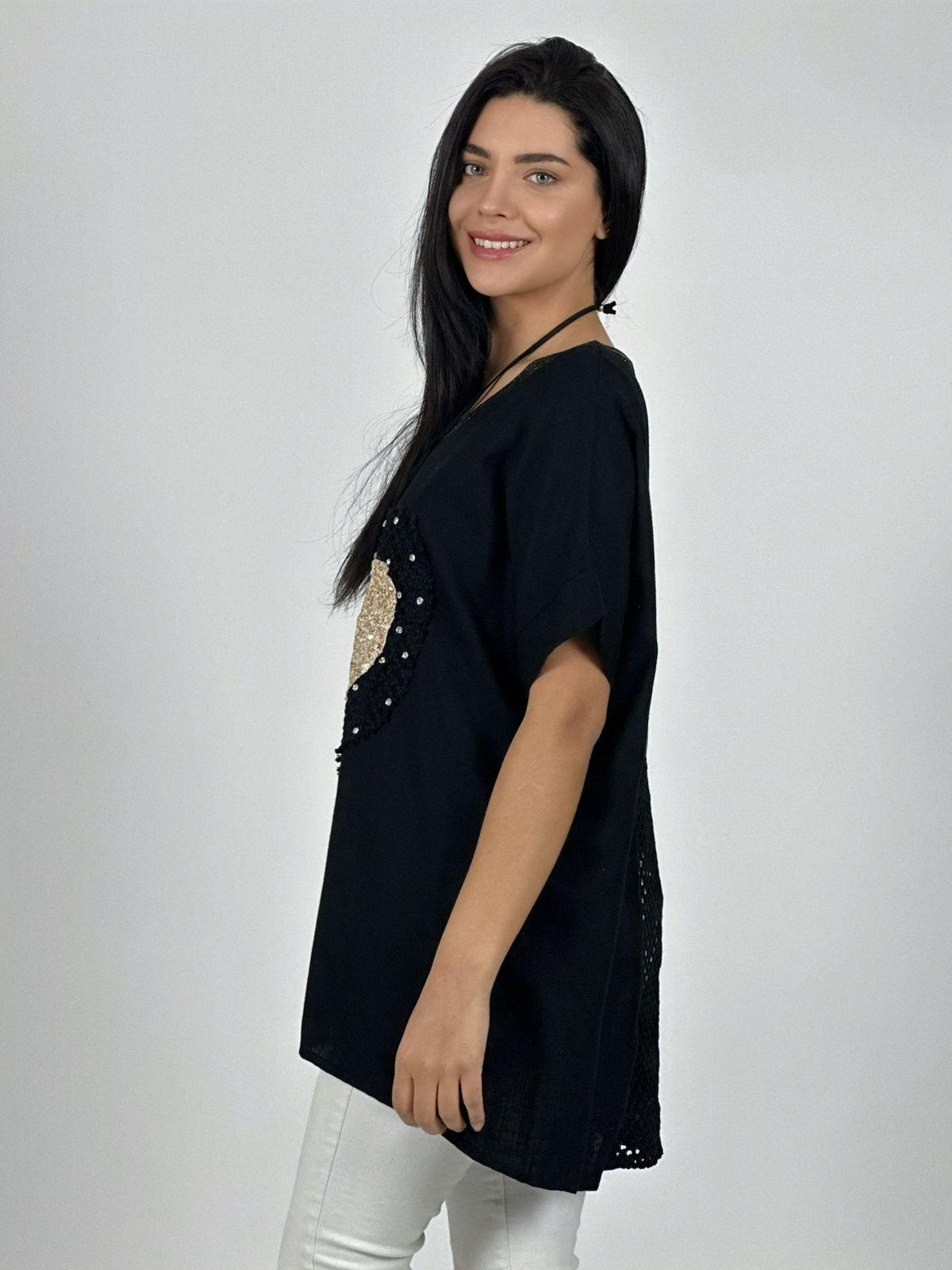 Polera Lino Corazón Brillos y Broderi