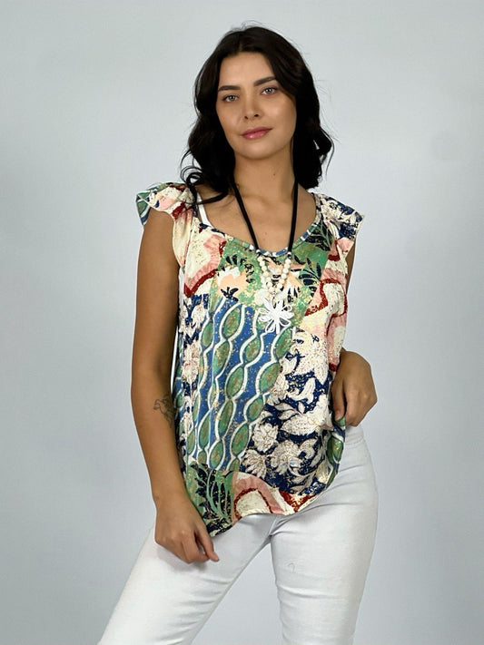 Polera Satín Brillos con Flores