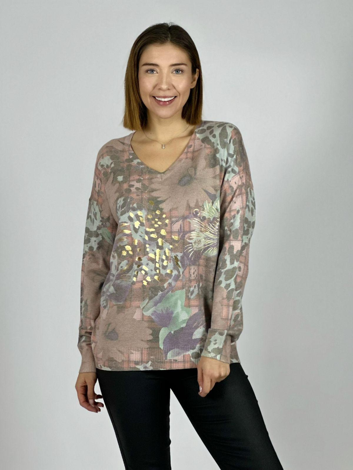 Sweater Cuello V Flores y Print