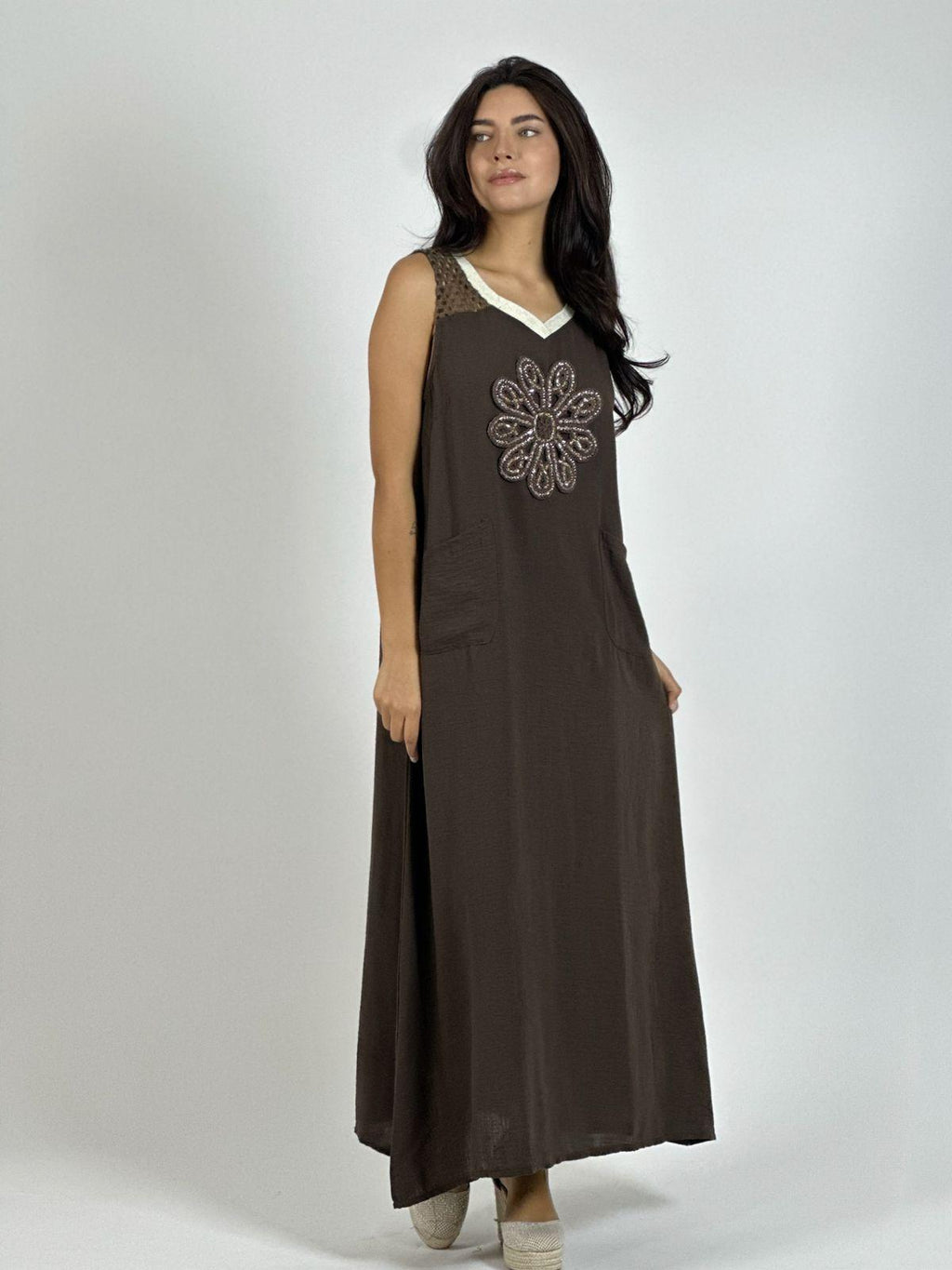 Vestido Lino Hombros Tejidos Flor