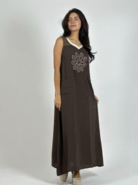 Vestido Lino Hombros Tejidos Flor