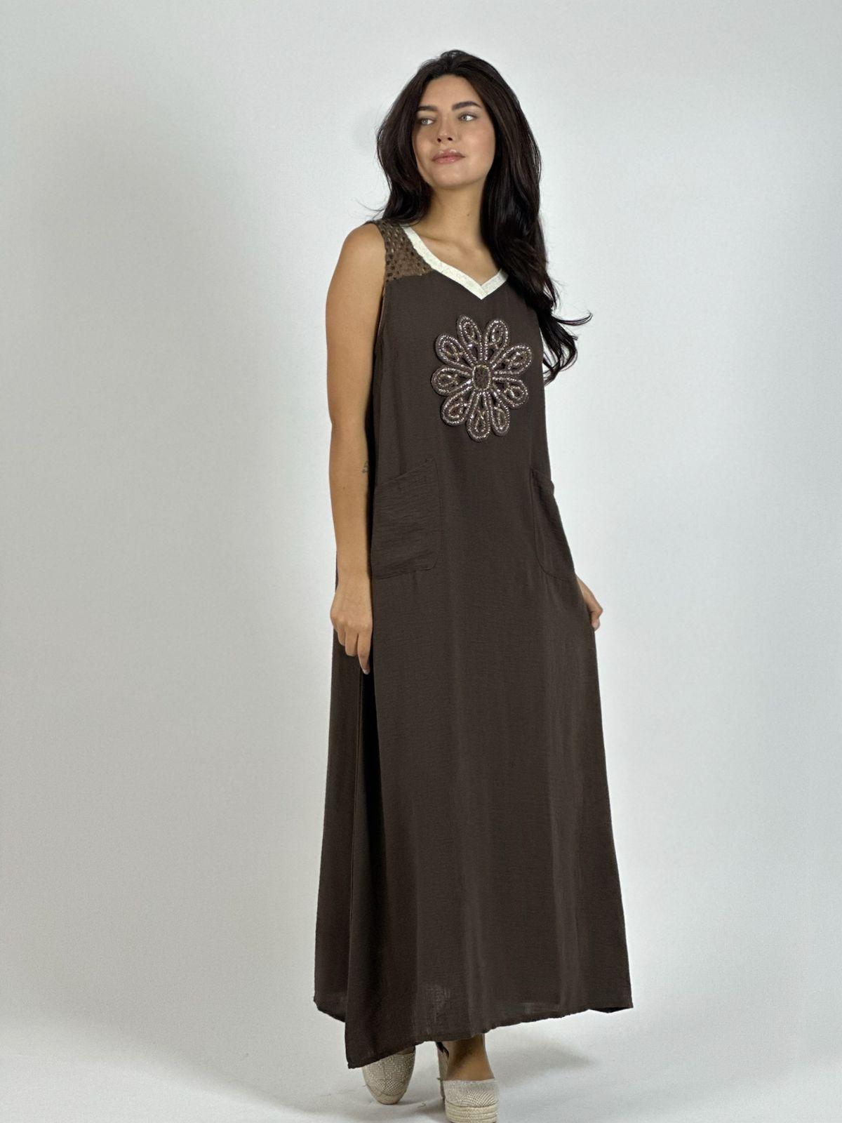 Vestido Lino Hombros Tejidos Flor